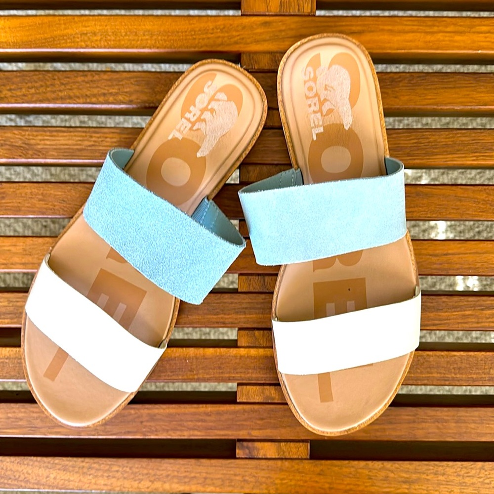 Sorel Two-Band Slide Sandals in Light Blue and White